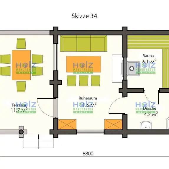 Skizze Blockhaus-Sauna mit Terrasse
