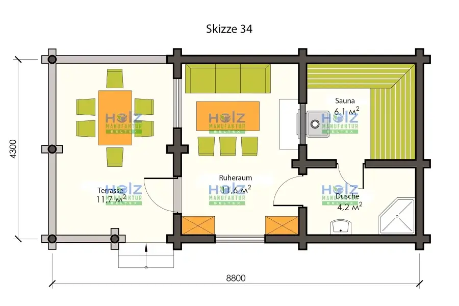 Skizze Blockhaus-Sauna mit Terrasse