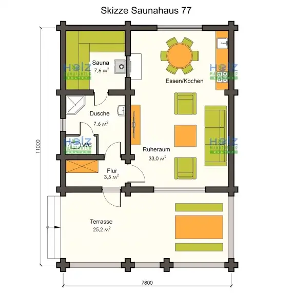 Skizze Saunahaus 77 m²